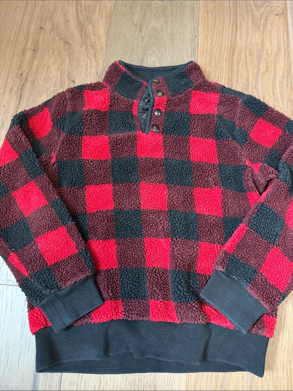 J. Crew Red and Black Buffalo Plaid Sherpa Zip-Up Pullover